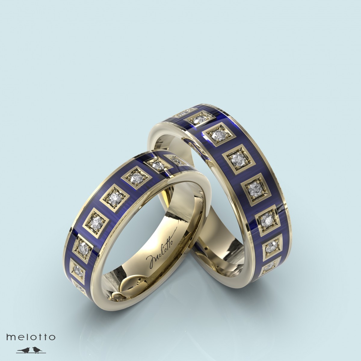 Обручальные кольца с синей эмалью и бриллиантами