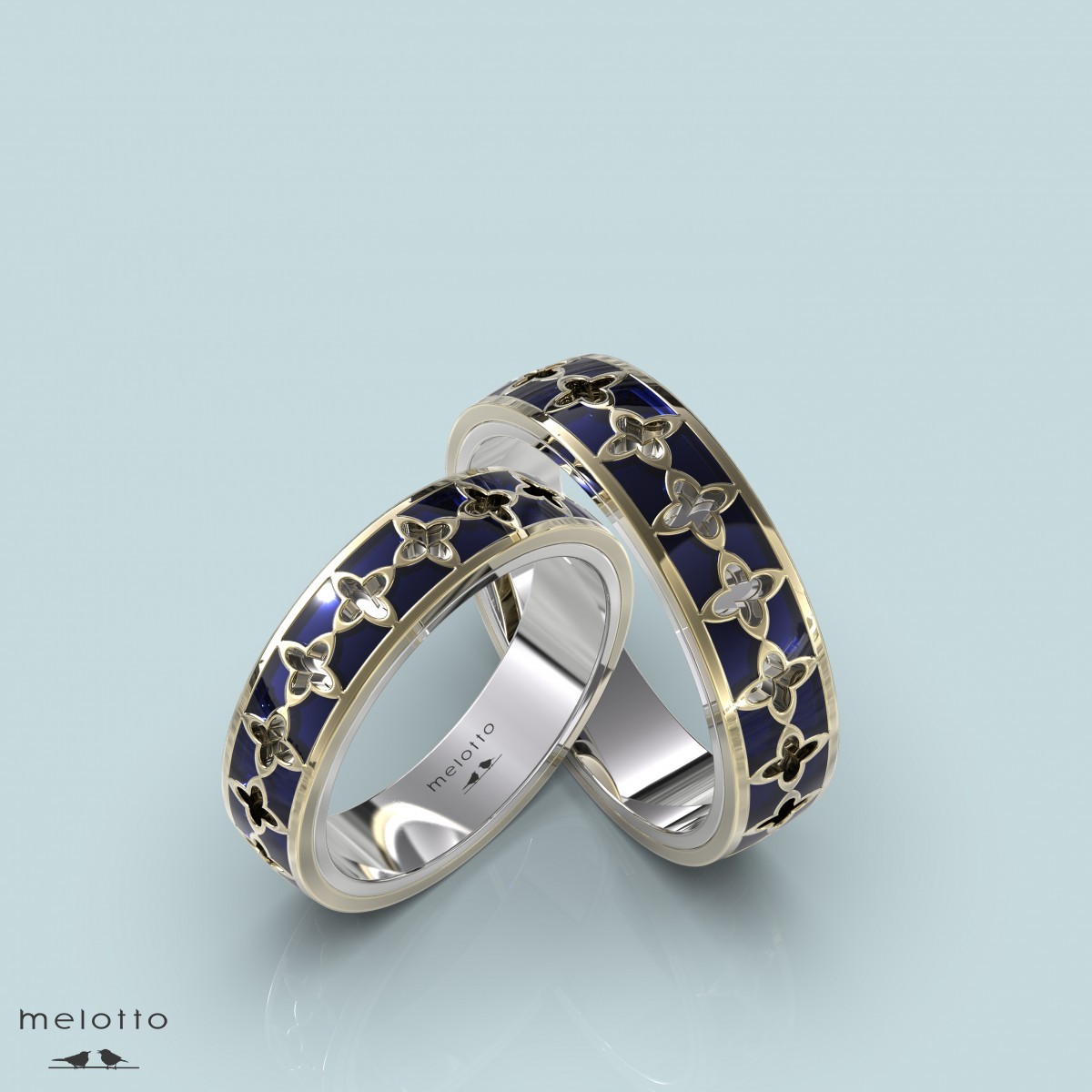 Парные обручальные кольца с синей эмалью