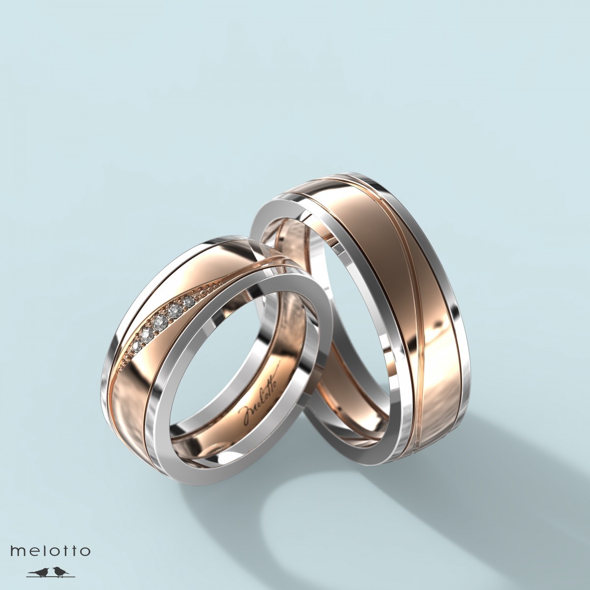 Обручальные классические кольца из белого и красного золота с бриллиантами