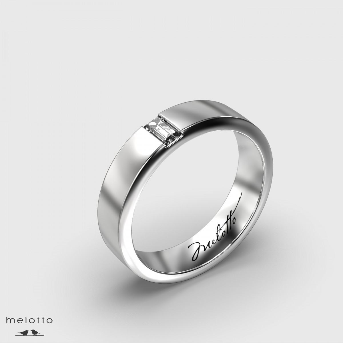 Вертикальное обручальное кольцо с одним бриллиантом багетной огранки
