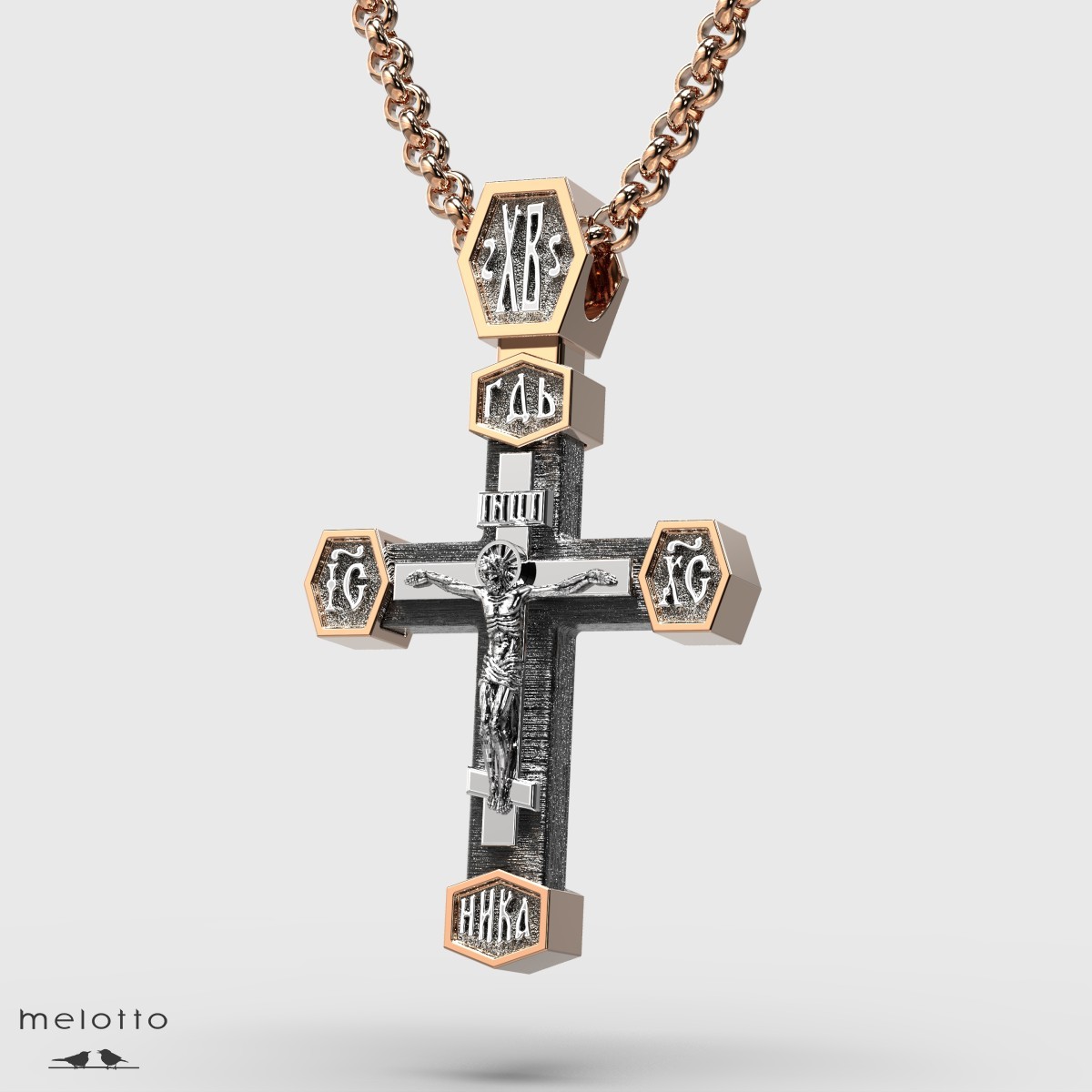Православный крест из золота 585 пробы с распятием и деревянным основанием