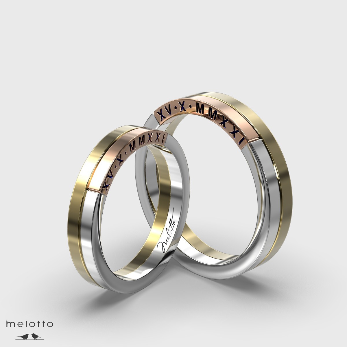 Трехцветные обручальные кольца Melotto с датой свадьбы