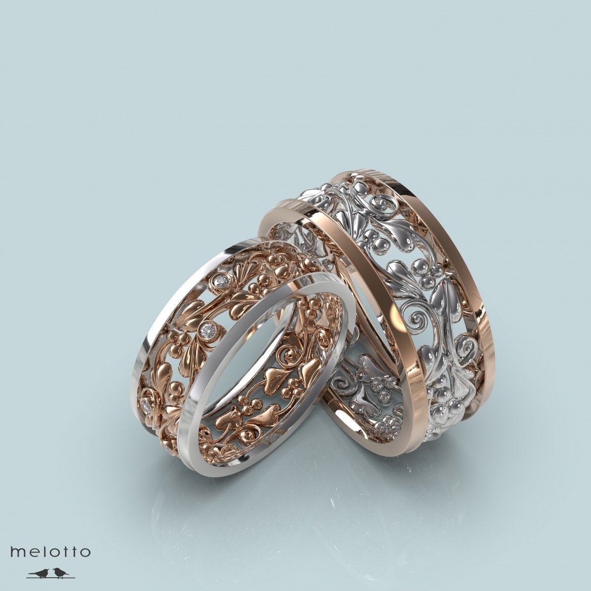 Ажурные обручальные кольца из комбинации двух видов золота
