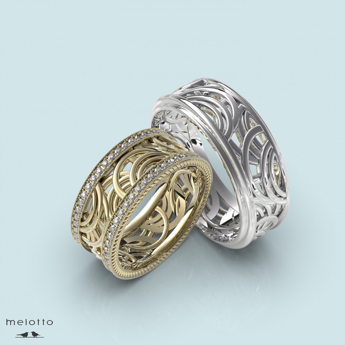 Парные обручальные кольца с орнаментом и бриллиантами
