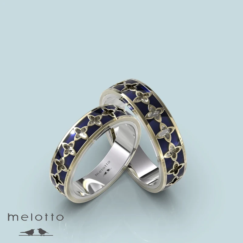 Парные обручальные кольца с синей эмалью
