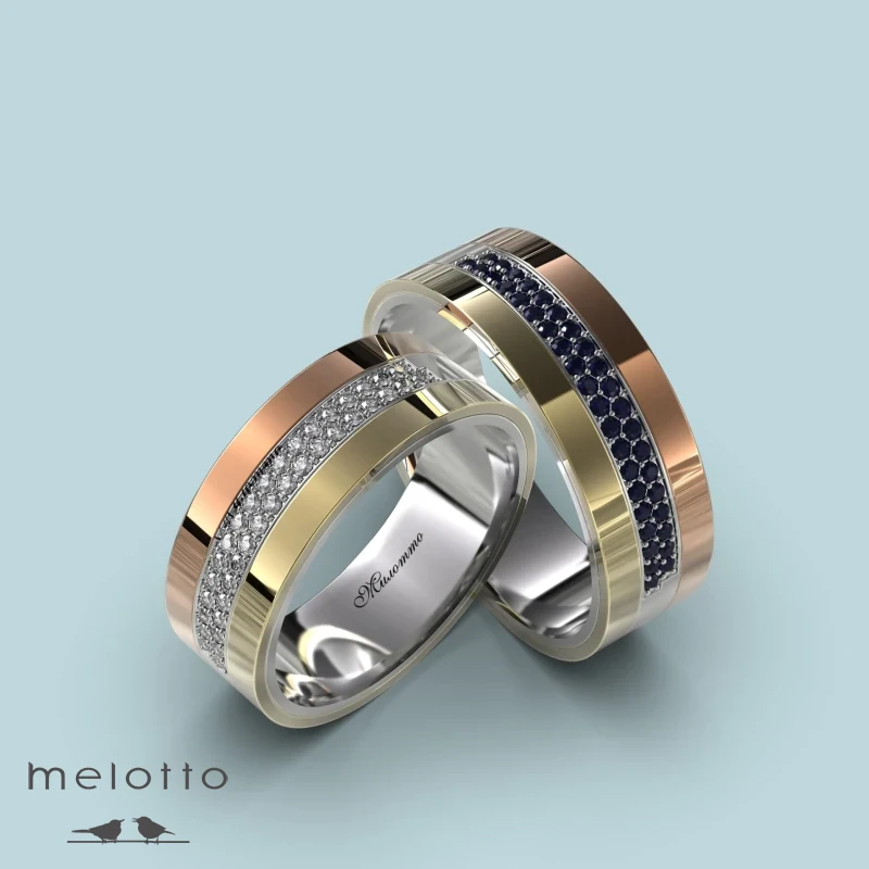 Трехцветная обручальная пара колец с бриллиантами и сапфирами