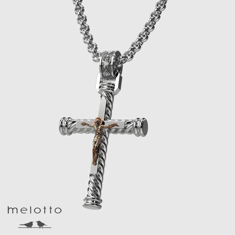 Крест из белого и розового золота с Распятием