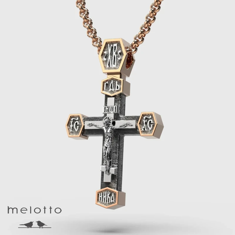 Православный крест из золота 585 пробы с распятием и деревянным основанием