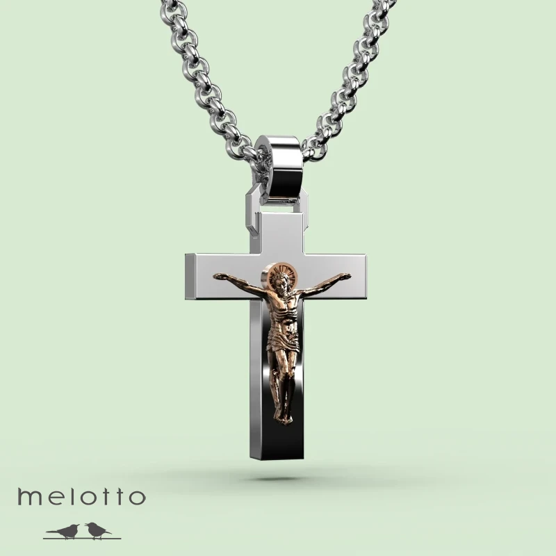 Прямой крест из красного и белого золота с распятием