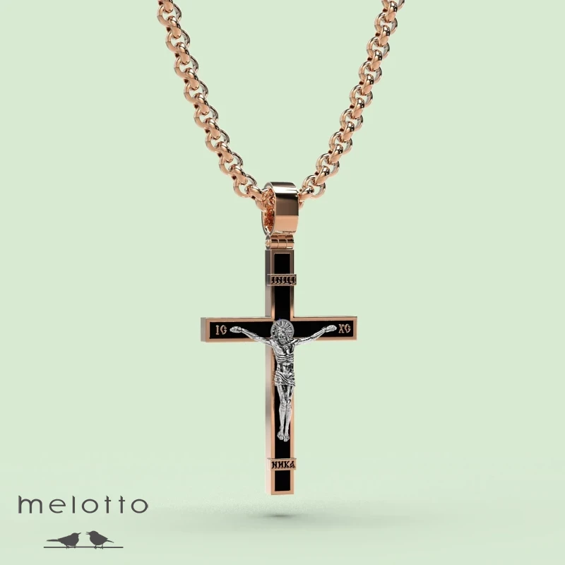 Крест из красного и белого золота с черной Эмалью