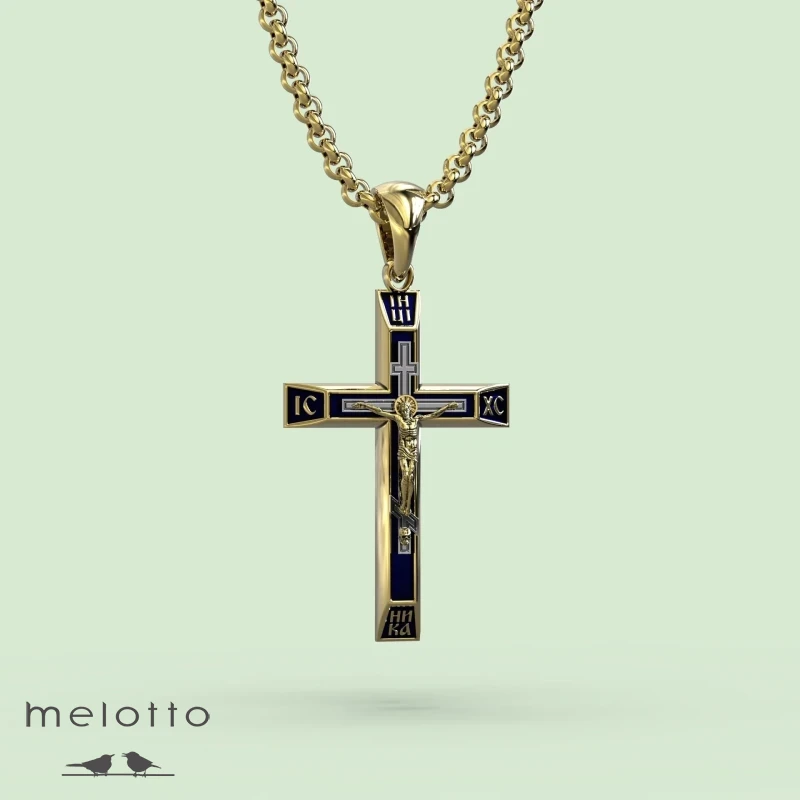 Золотой крест из желтого и белого золота с синей эмалью