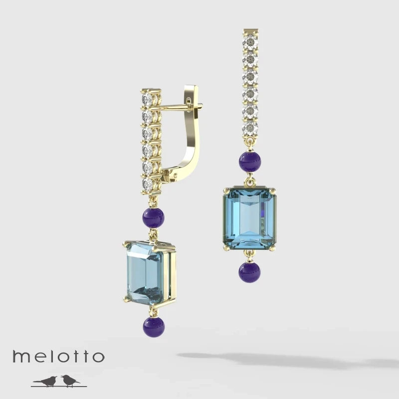 Сережки с бриллиантами, топазами и аметистами