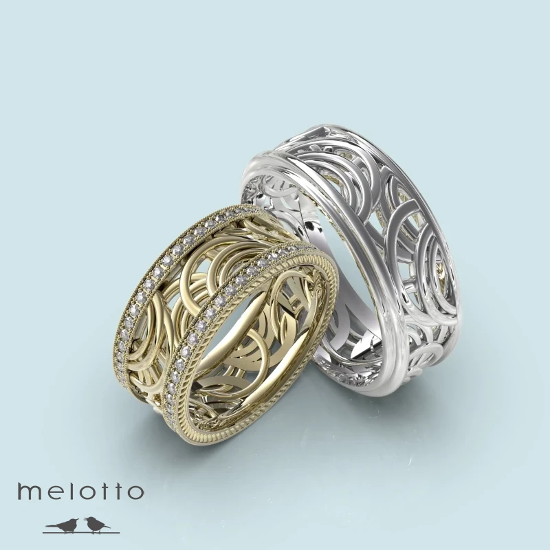 Парные обручальные кольца с орнаментом и бриллиантами