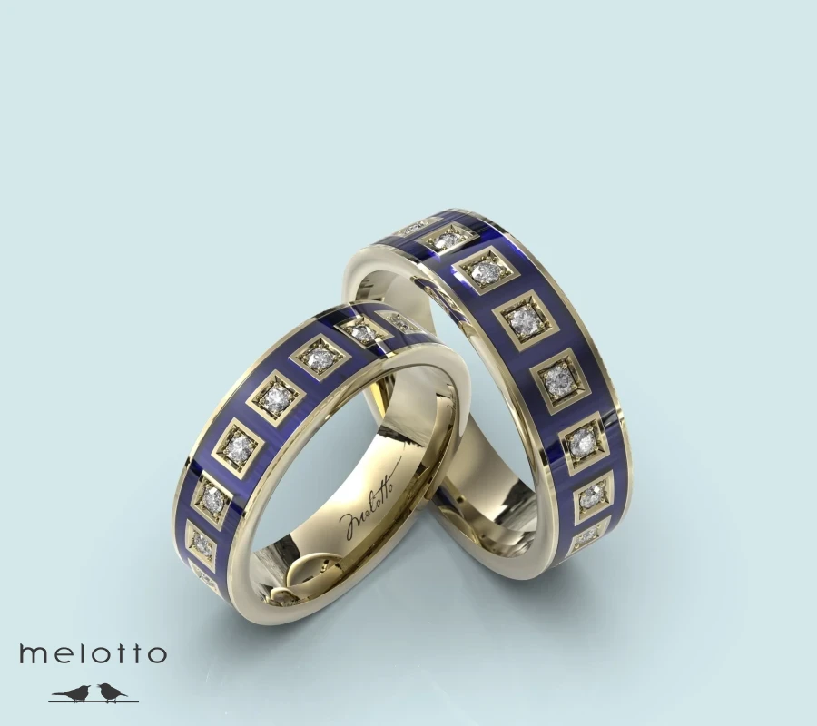 Обручальные кольца с синей эмалью и бриллиантами