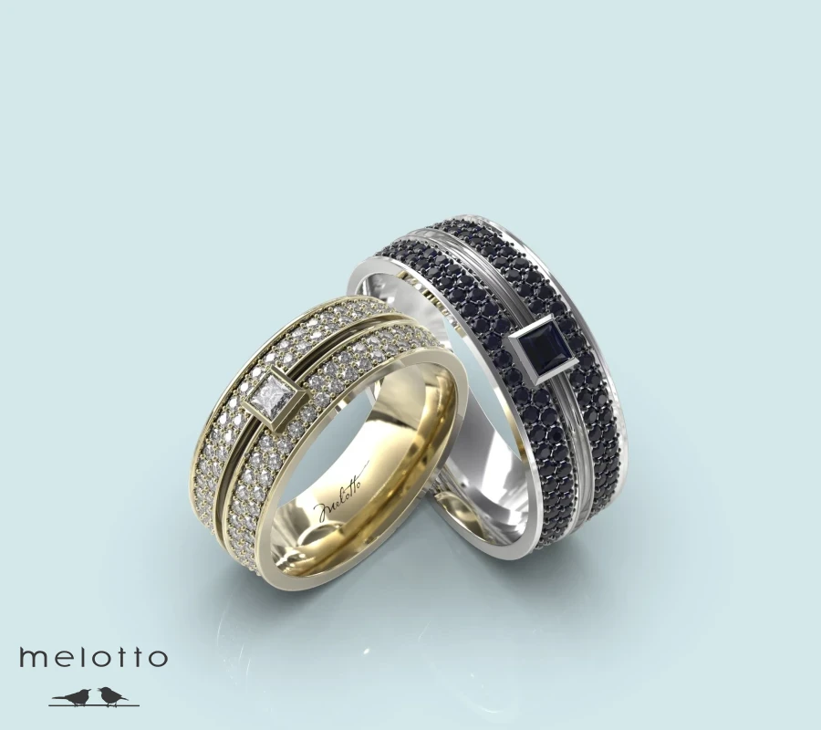 Парные кольца с черными и белыми бриллиантами
