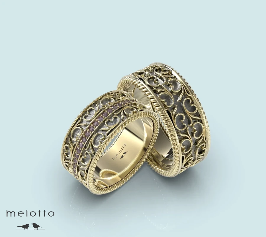 Ажурные обручальные кольца с рубинами