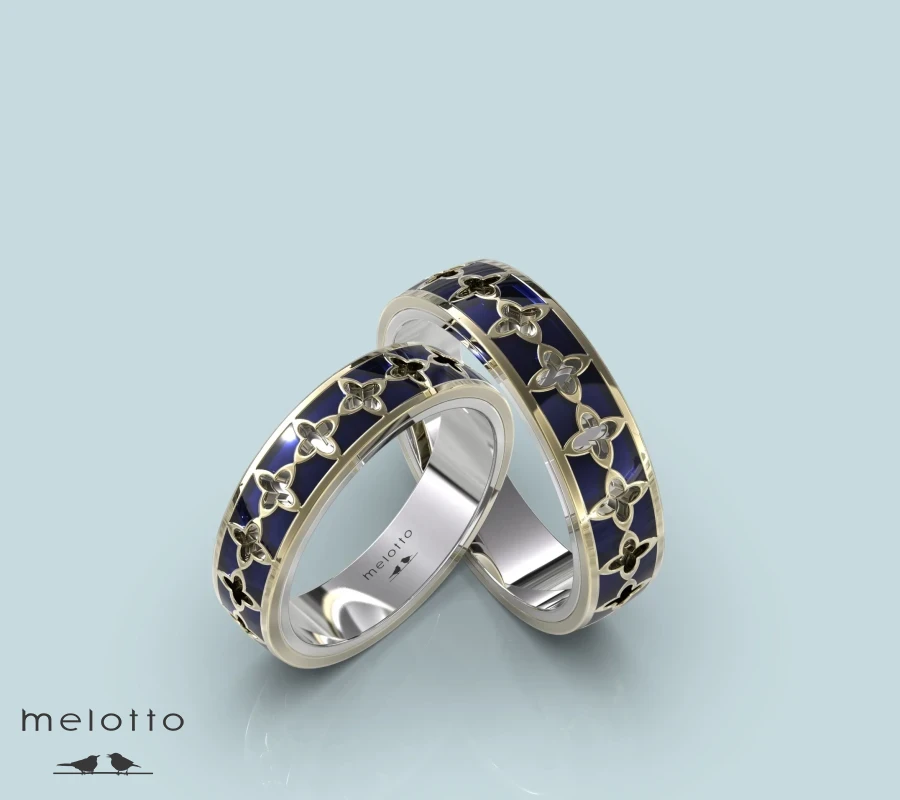 Парные обручальные кольца с синей эмалью