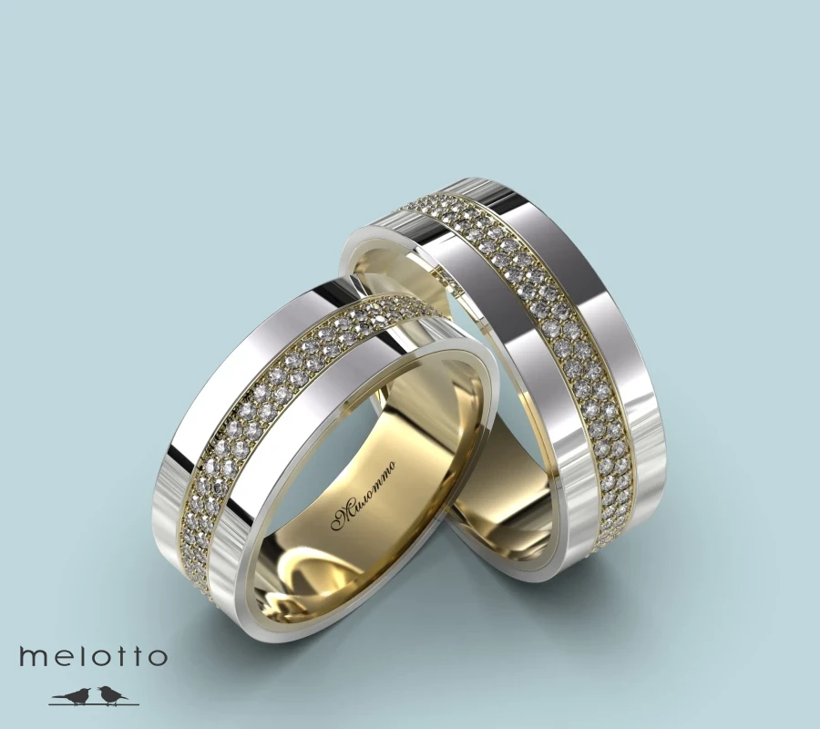 Плоская обручальная пара колец с бриллиантами