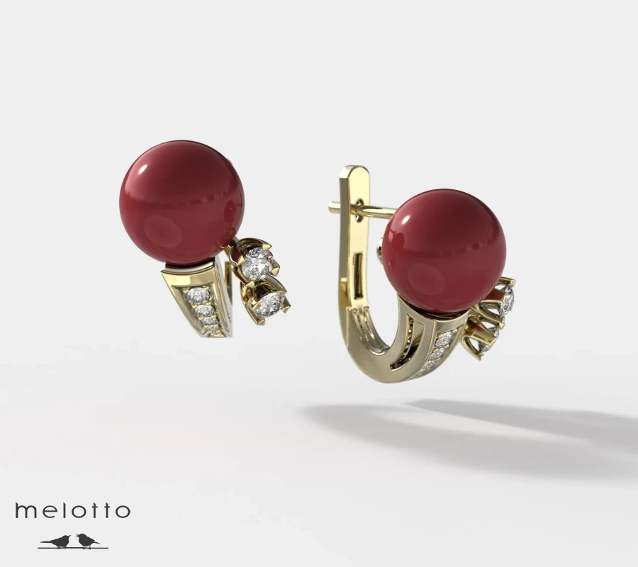 Золотые серьги красным кораллом