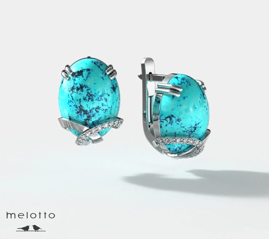 Серебряные сережки с крупной бирюзой и фианитами