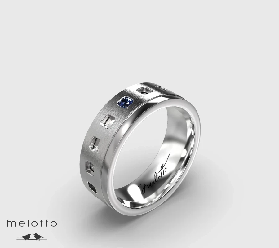 Мужское обручальное кольцо из белого золота с сапфиром
