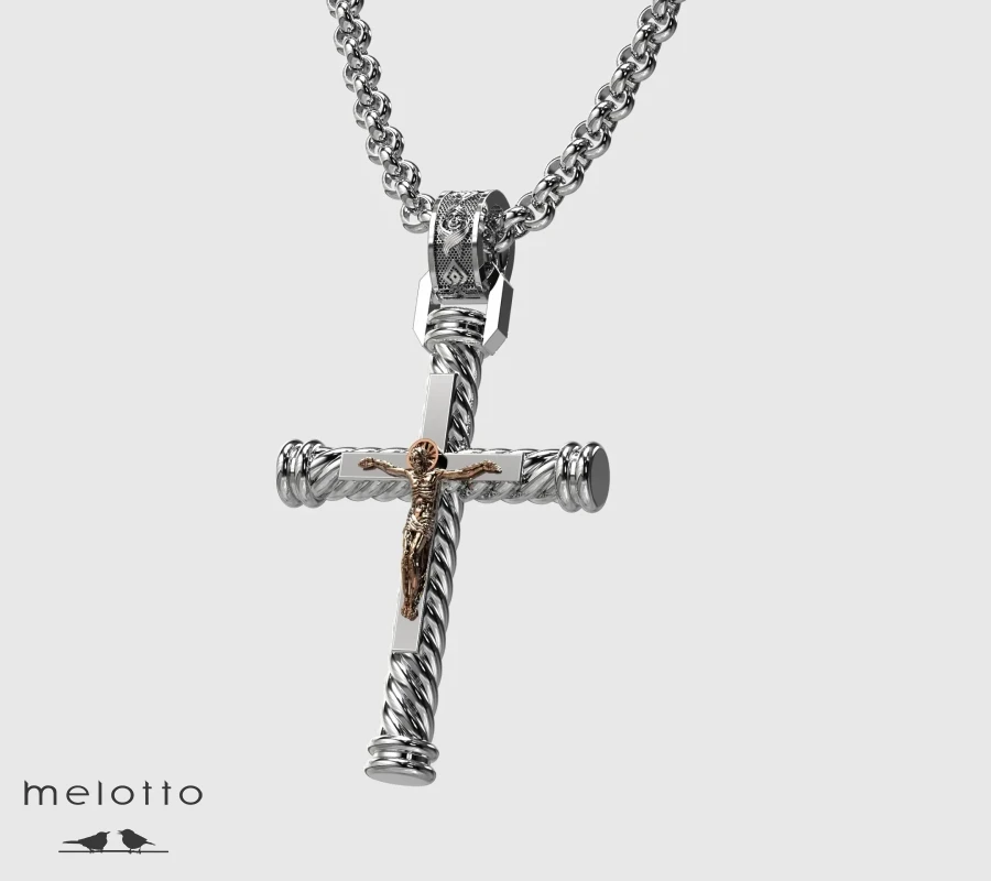 Крест из белого и розового золота с Распятием