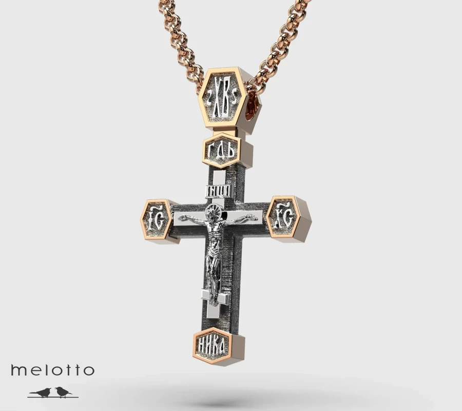 Православный крест из золота 585 пробы с распятием и деревянным основанием