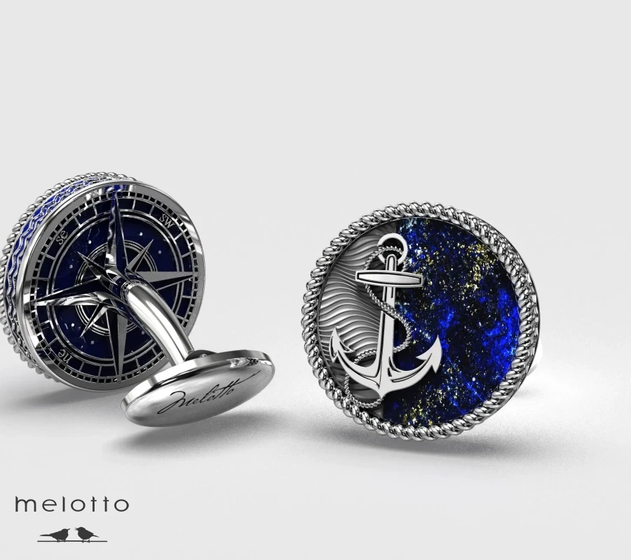 Эксклюзивные запонки Адмирал из белого золота с лазуритом