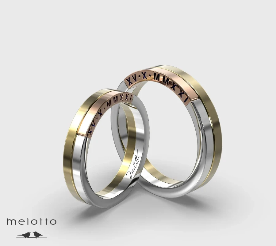 Трехцветные обручальные кольца Melotto с датой свадьбы