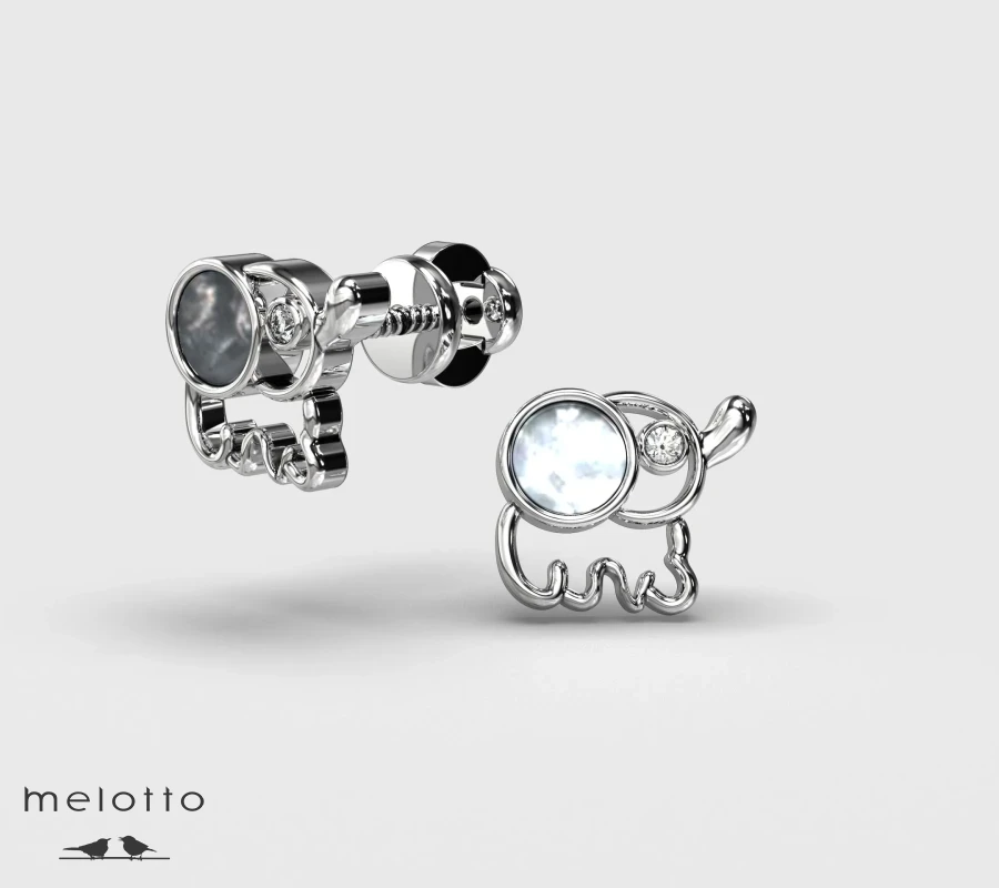 Детские сережки Слоник из белого золота с бриллиантом