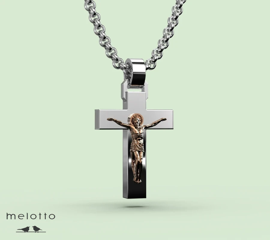 Прямой крест из красного и белого золота с распятием