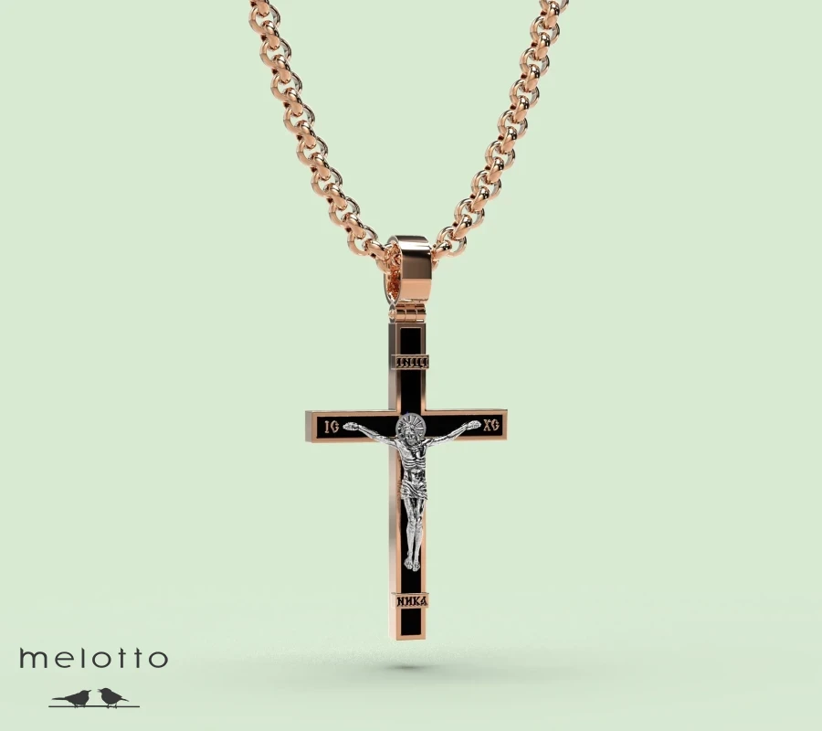 Крест из красного и белого золота с черной Эмалью