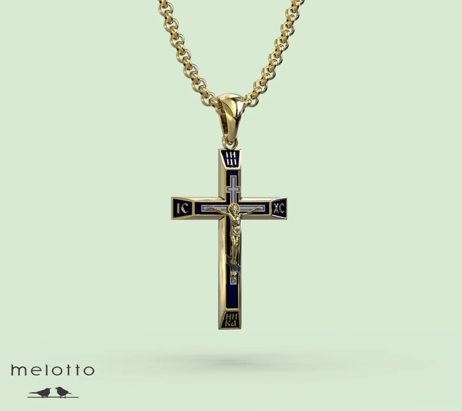 Золотой крест из желтого и белого золота с синей эмалью