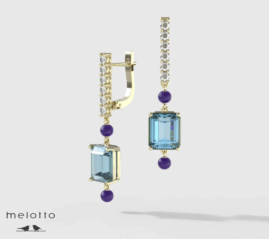 Сережки с бриллиантами, топазами и аметистами