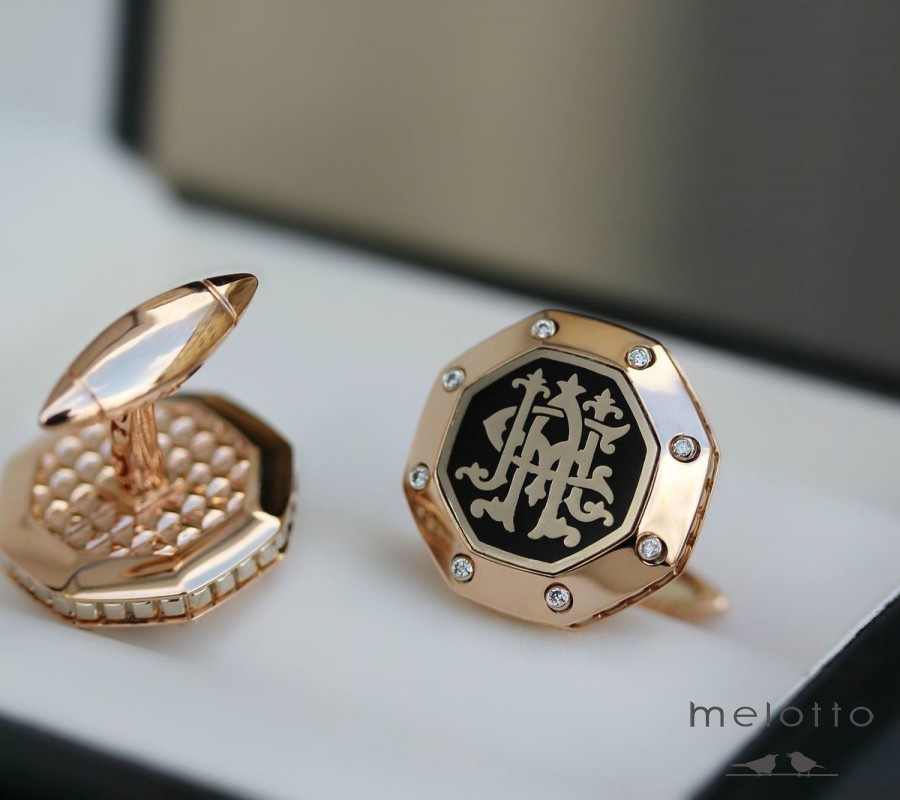 Запонки с эмалью, монограммой и бриллиантами