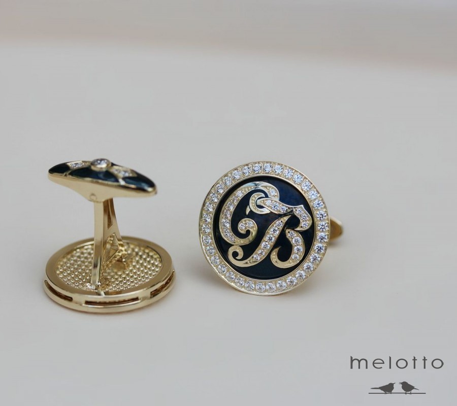 Золотые запонки по эскизу клиента с монограммой эмалью и бриллиантами