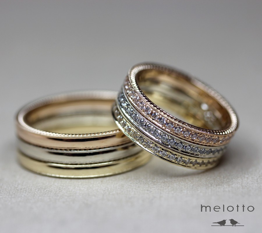 Трехцветные широкие обручальные кольца