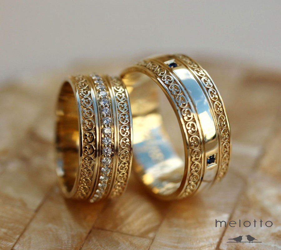 Обручальные кольца с бриллиантами и сапфирами