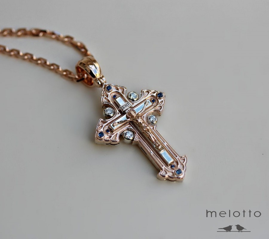 Мужской православный крест с сапфирами и бриллиантами