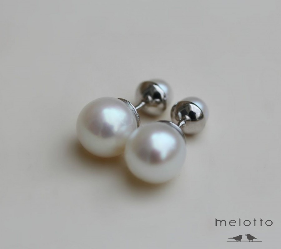 Золотые двухсторонние серьги с натуральным жемчугом